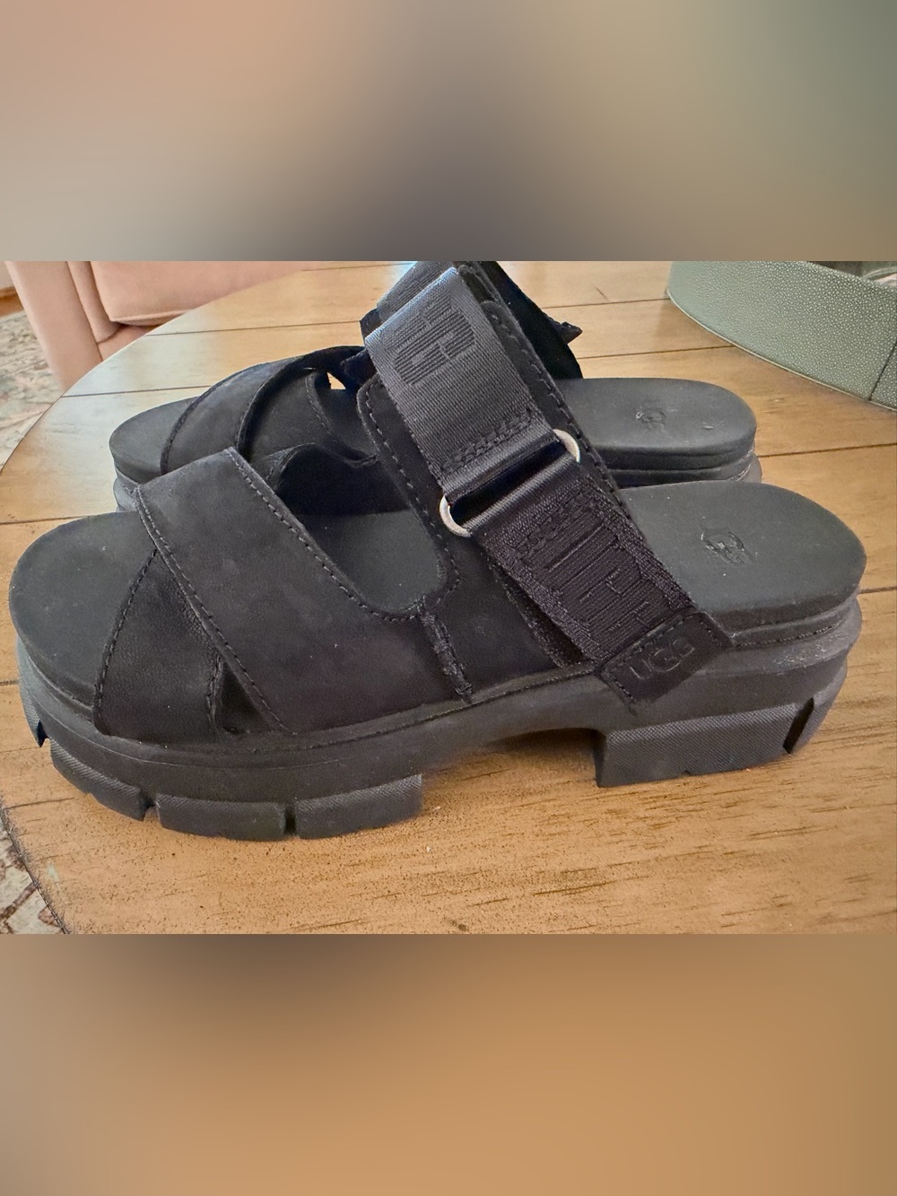 UGG Black Chunky Lug Sole Slide Sandals with Adjustable Strap